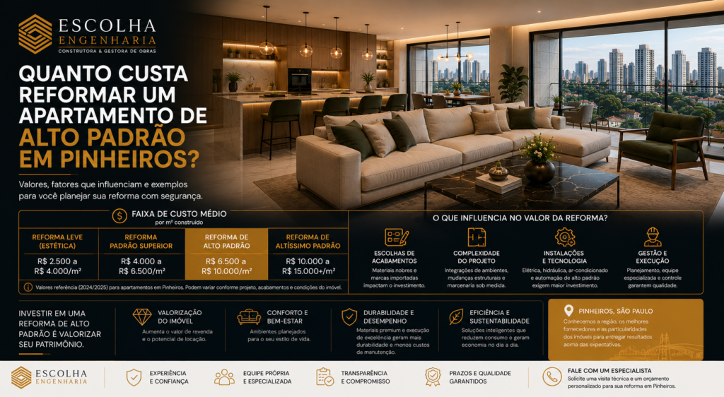 Quanto custa reformar um apartamento de alto padrão em Pinheiros