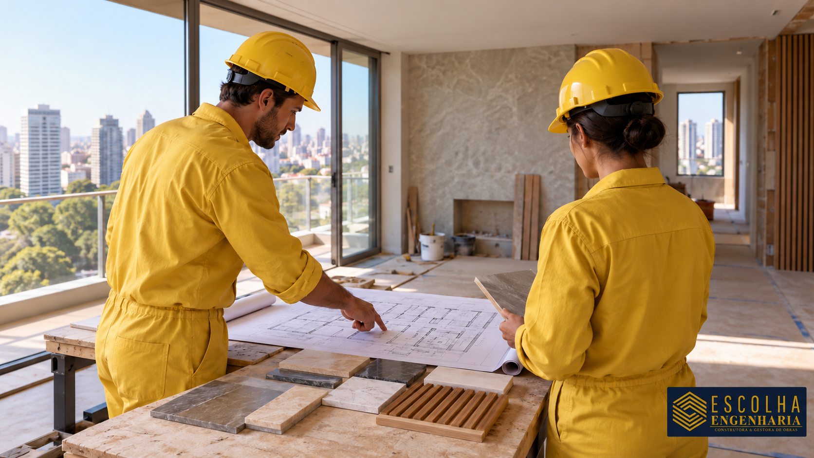 Profissionais de uniforme amarelo analisam planta e materiais em apartamento em reforma; cena ilustrativa
