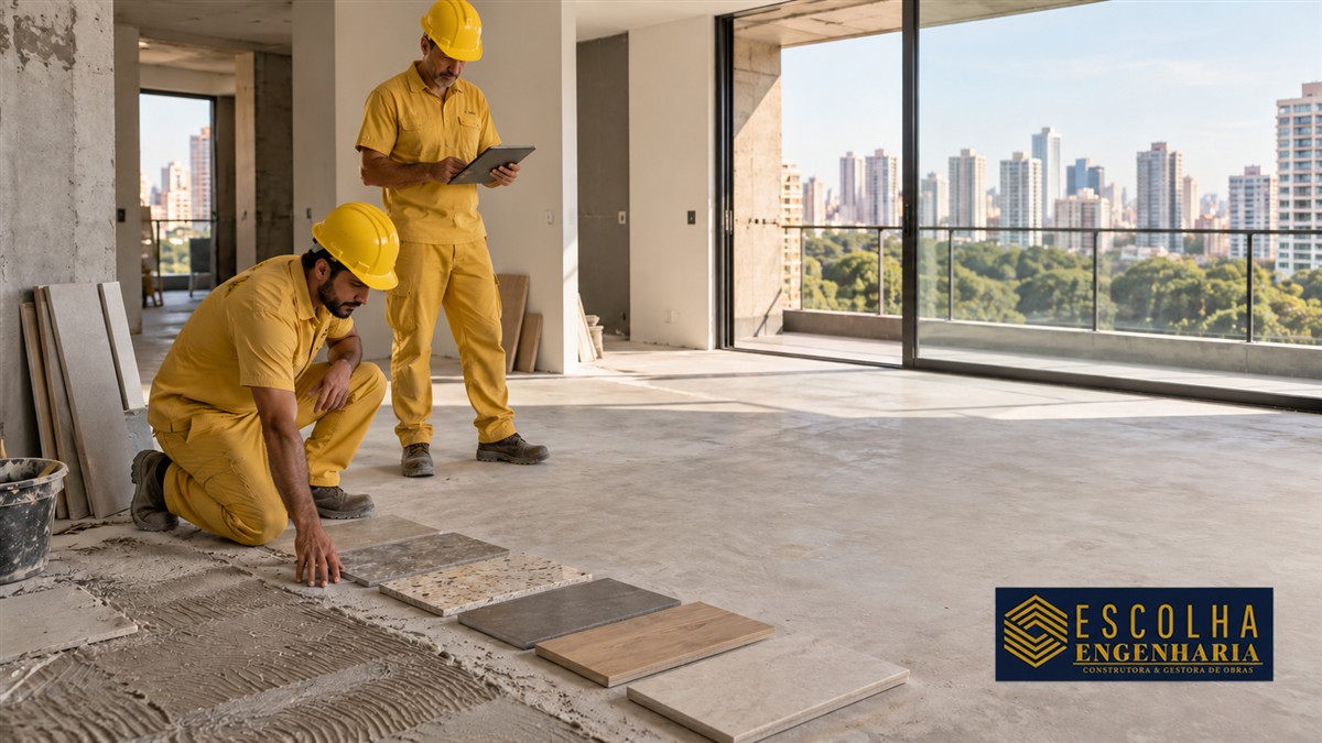 Profissionais de uniforme amarelo avaliam piso e amostras de revestimento em apartamento em reforma; cena ilustrativa