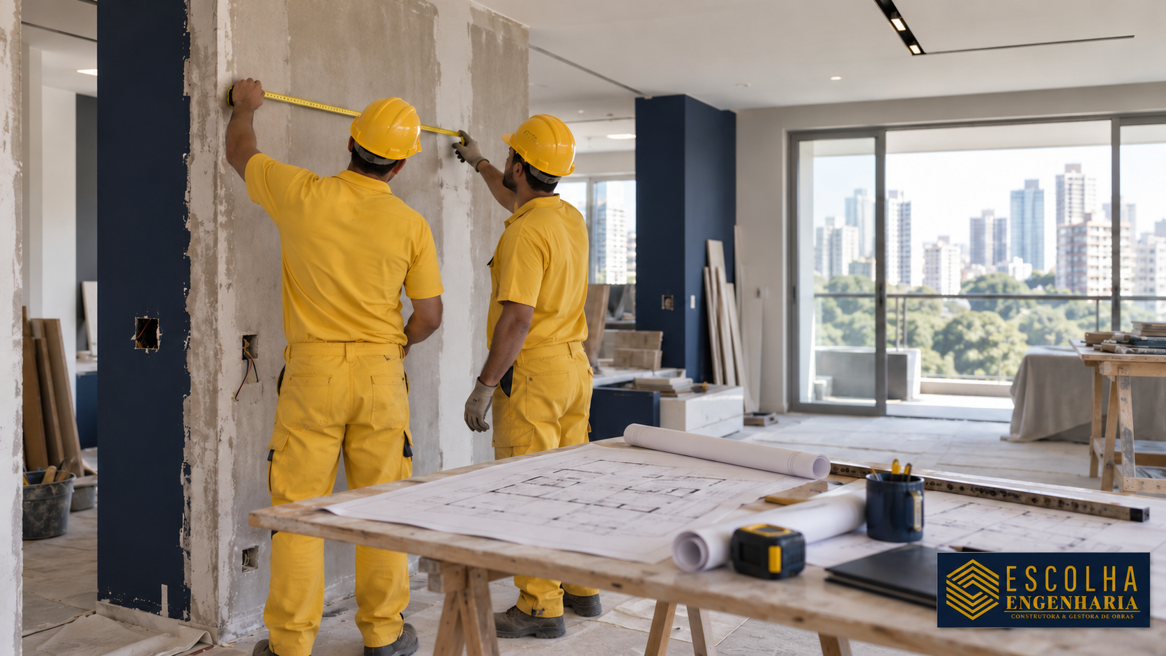 Cena ilustrativa de profissionais com uniforme amarelo medindo parede em reforma de apartamento na Vila Nova Conceição