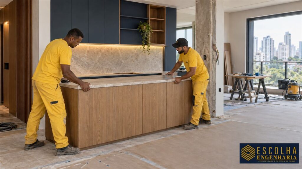Profissionais de uniforme amarelo instalam bancada de pedra e marcenaria em apartamento de alto padrão; cena ilustrativa