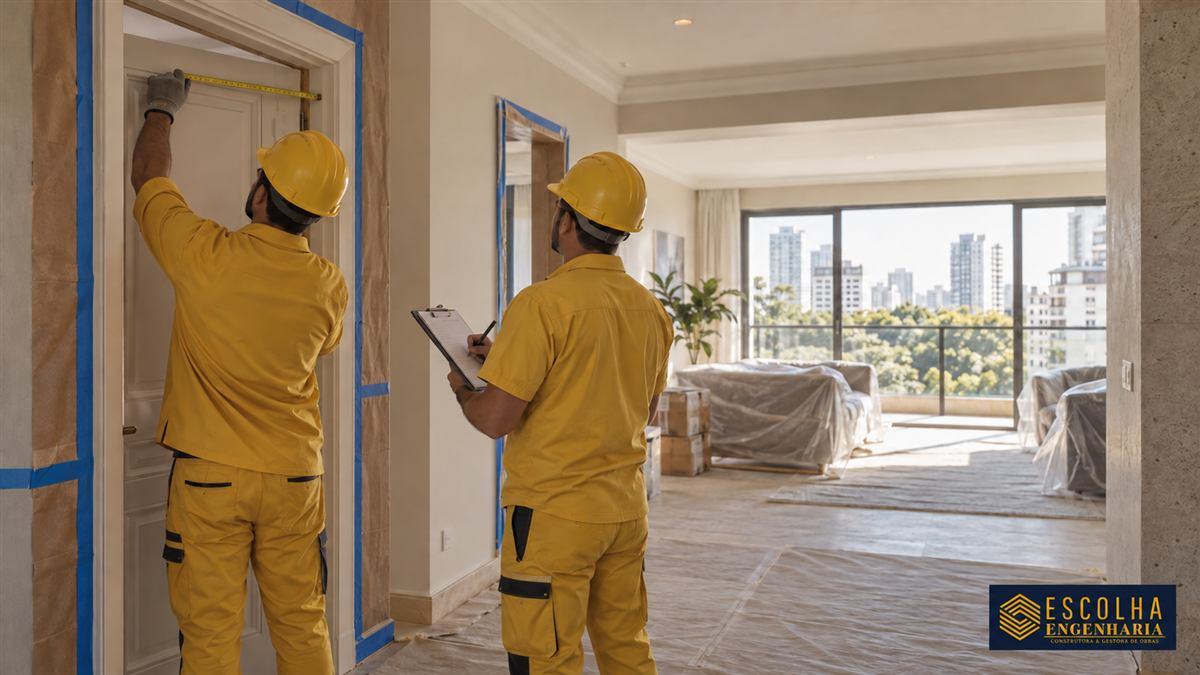 Profissionais de uniforme amarelo avaliam acesso e medidas de apartamento antes de uma reforma; cena ilustrativa