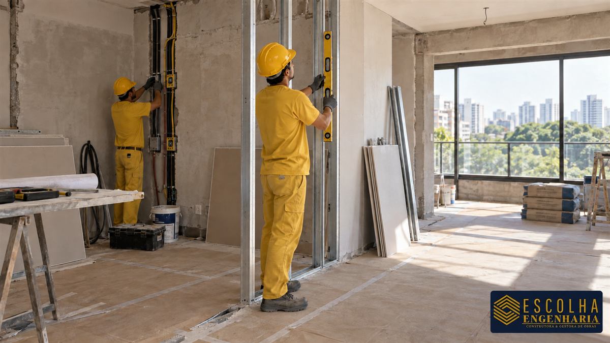 Profissionais de uniforme amarelo conferem instalações e divisória em apartamento em reforma; cena ilustrativa