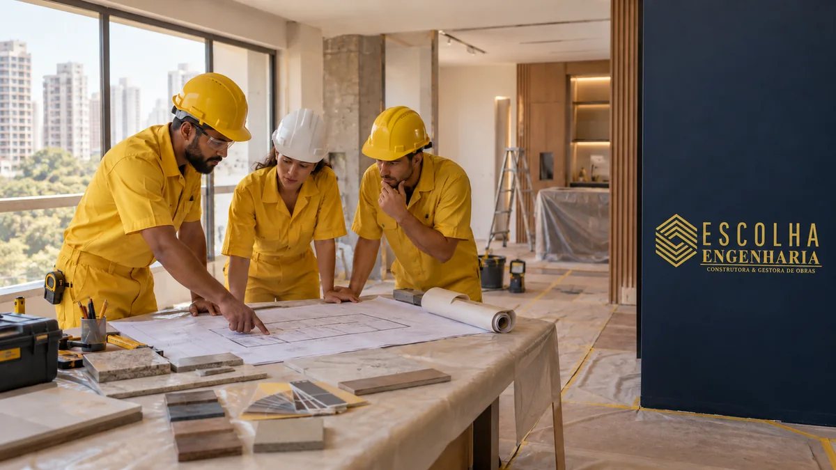 Cena ilustrativa de profissionais com uniforme amarelo planejando reforma de apartamento na Vila Nova Conceição