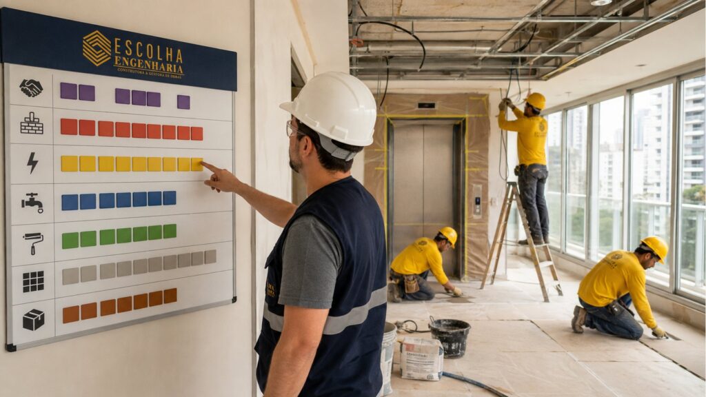 Engenheiro coordenando etapas do cronograma com equipe em uniformes amarelo-canário no Paraíso