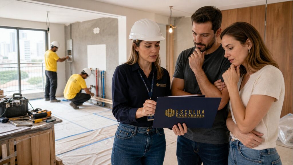 Engenheira apresenta planejamento enquanto equipe executa instalações em apartamento no Paraíso