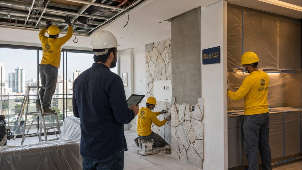 Engenheiro coordena equipe em diferentes frentes de uma reforma de apartamento no Paraíso