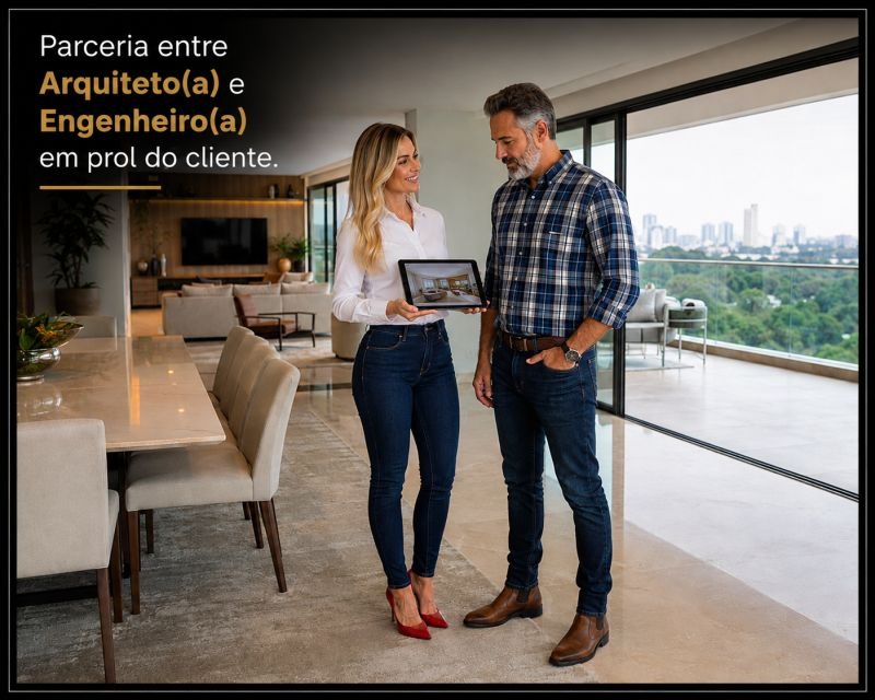 Arquiteta e engenheiro analisam um projeto em um tablet, em um ambiente residencial.