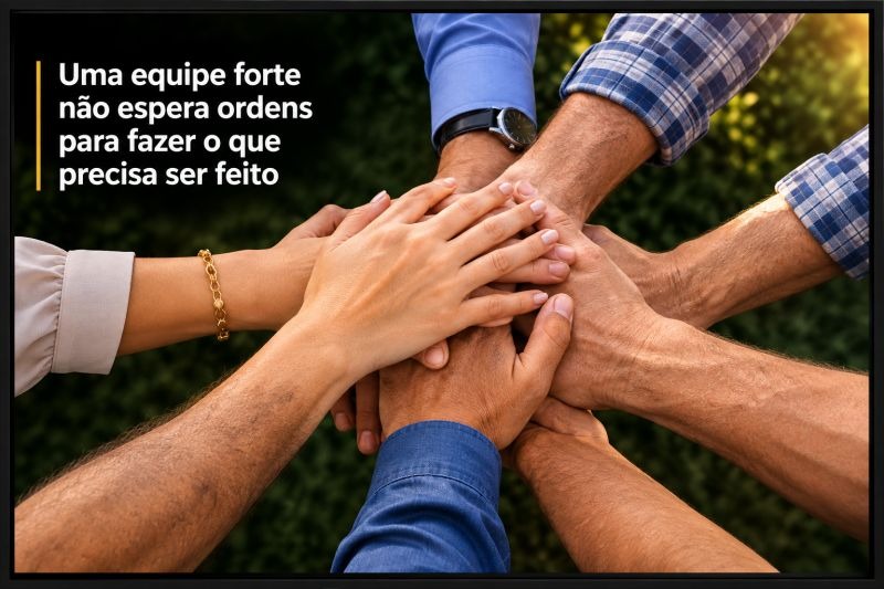 Mãos de profissionais unidas, representando a colaboração de equipes fortes na gestão de obras.