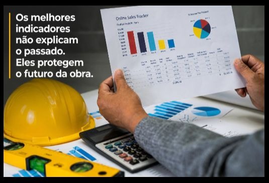 Relatórios com gráficos, calculadora e capacete ilustram o acompanhamento dos indicadores de obra.